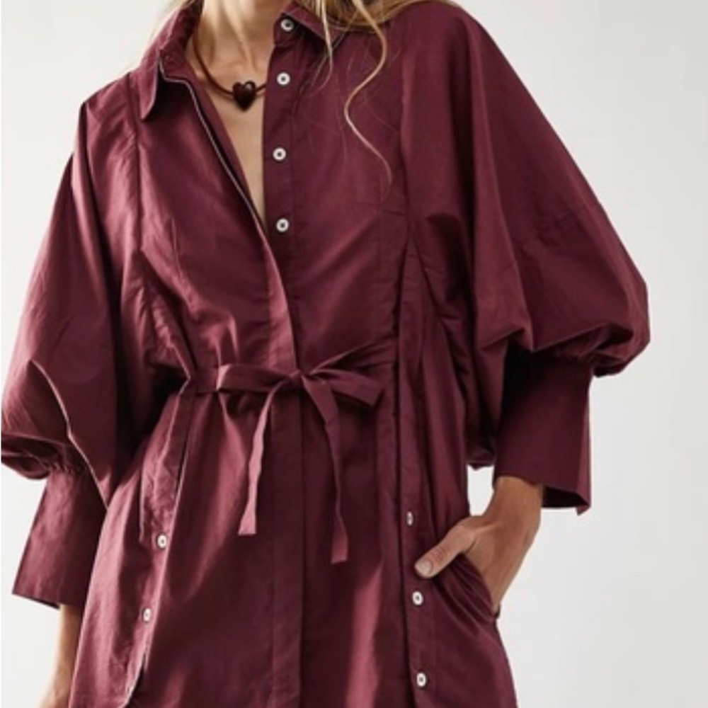 Free People Size Small Maroon Button-down Classic Collar  Shirt Mini Dress